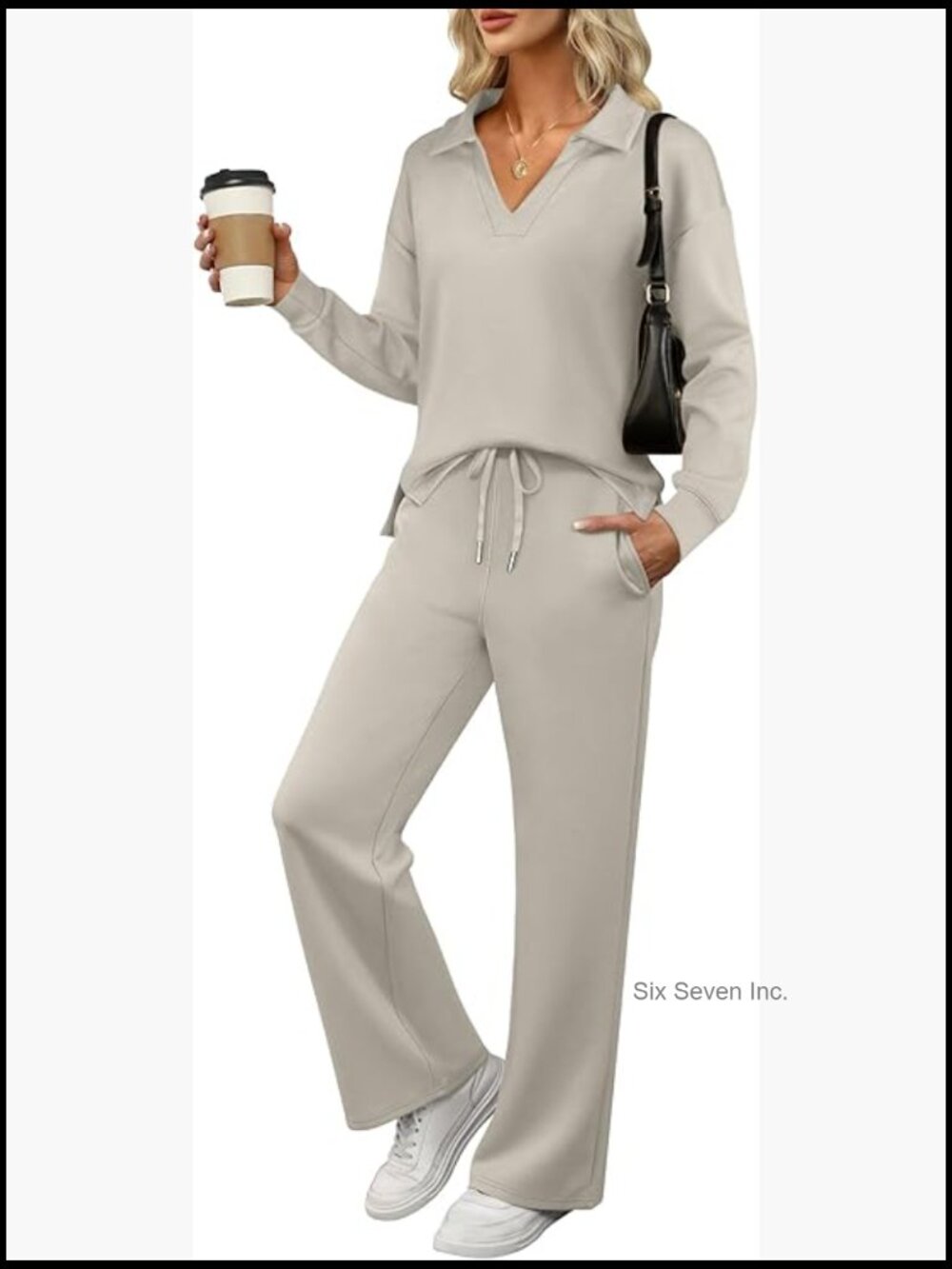 Women's 2 Piece Lounge Set Long Sleeve Polo Top Wide Leg Pants Sweatsuit